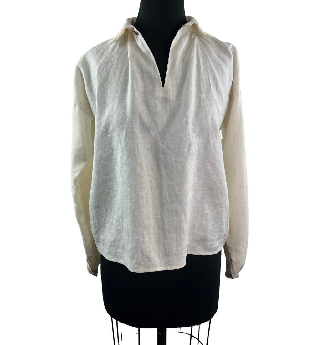 OOAK White Top Collared Split Neck Balloon Sleeve Drop Shoulder Classic Pullover